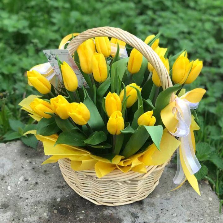 25 желтых тюльпанов в корзине в Волгограде