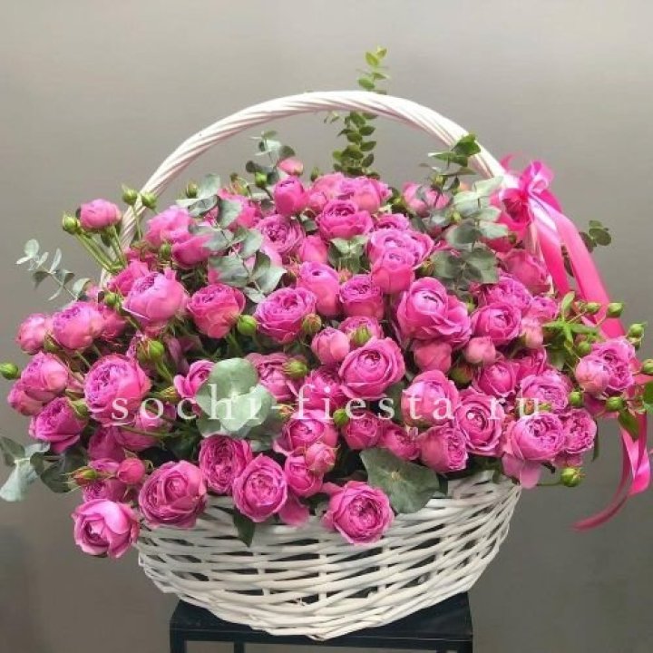 65 пионовидных кустовых роз в корзине в Волгограде